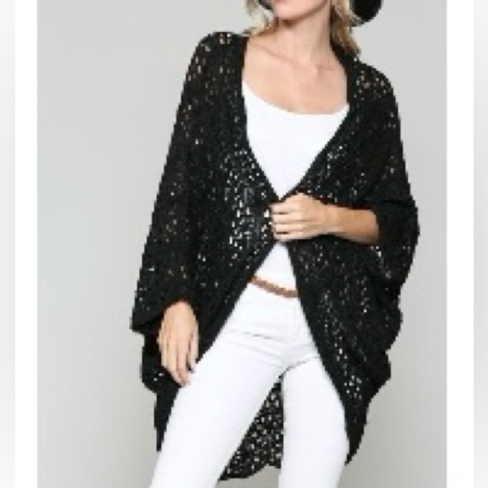 Kye Mi Black Open-Knit Crochet Batwing Cardigan, Small. NWT - Picture 3 of 6